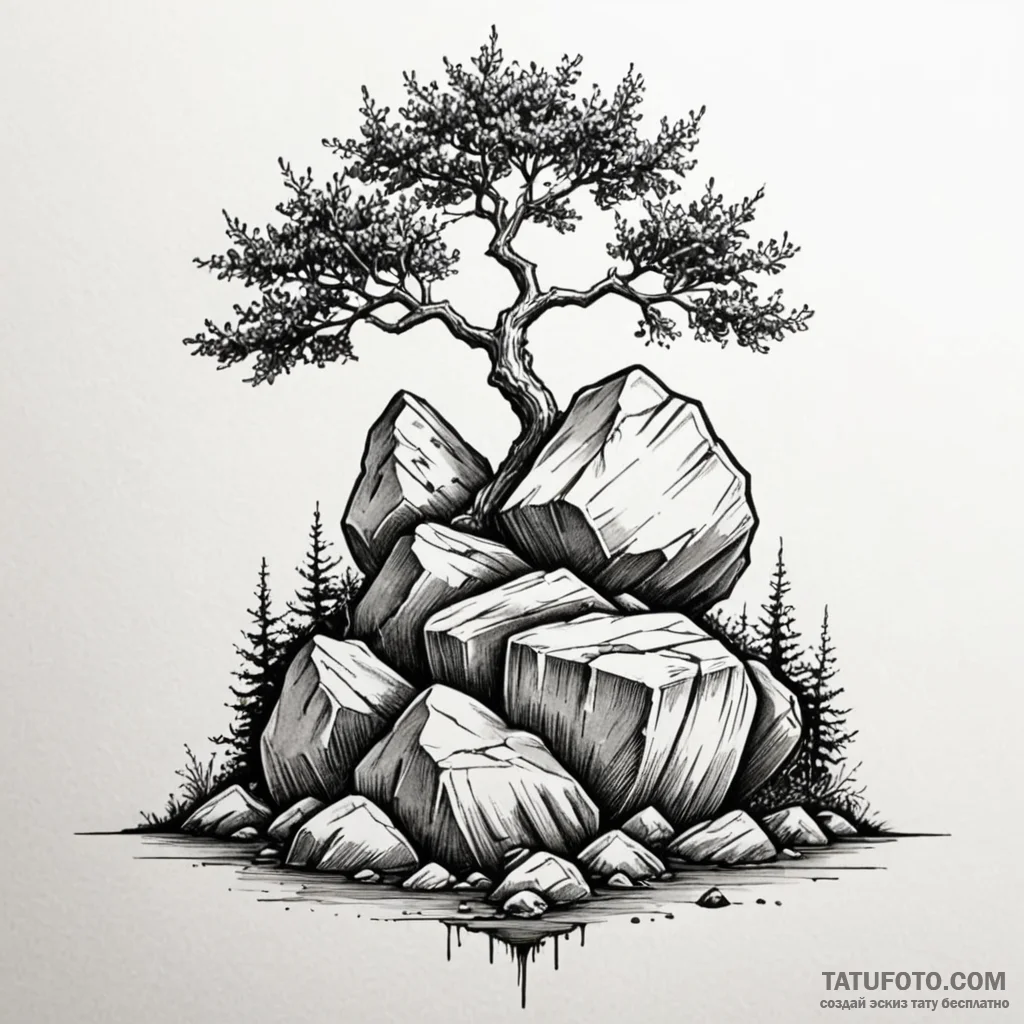 A strong boulder with a tree growing from it,... - эскиз тату (№1750533599_1, 21.06.2025 19:19) — Tatufoto.com