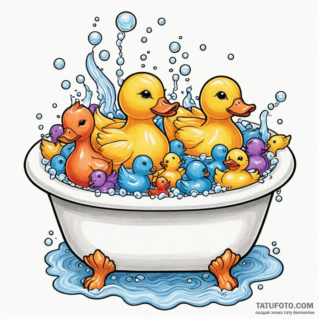 A whimsical bubble bath with rubber duckies,... - эскиз тату (№1750536280_0, 21.06.2025 20:04) — Tatufoto.com