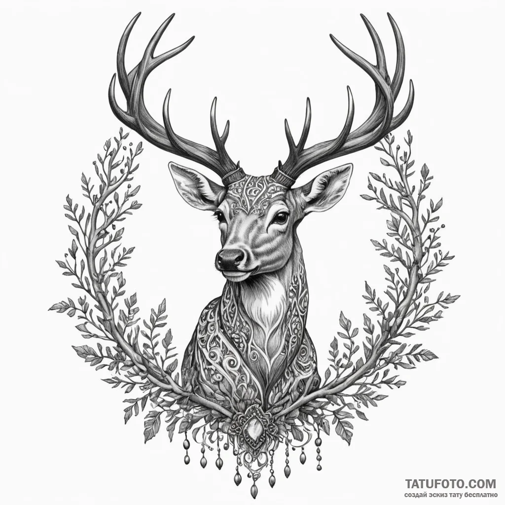 Arcane deer with branches for antlers, tattoo... - эскиз тату (№1750537129_0, 21.06.2025 20:18) — Tatufoto.com