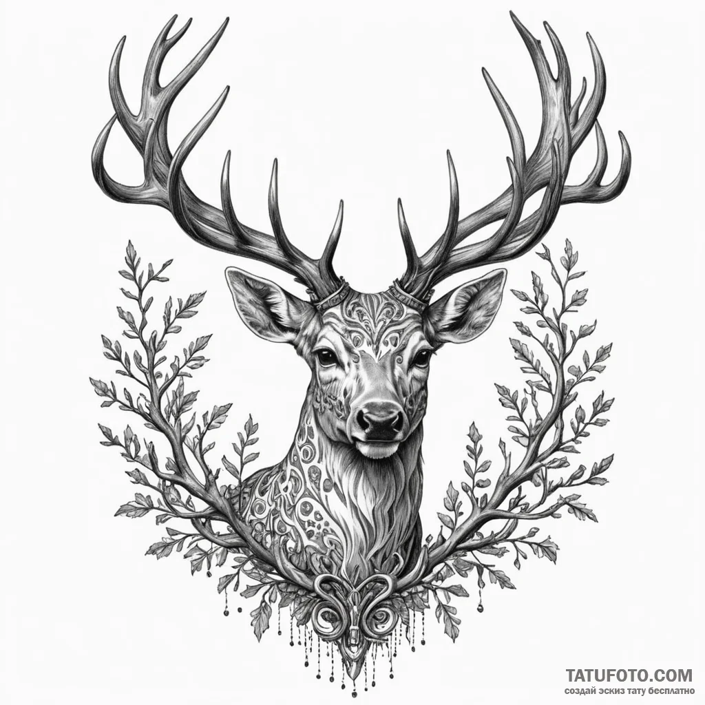 Arcane deer with branches for antlers, tattoo... - эскиз тату (№1750537129_1, 21.06.2025 20:18) — Tatufoto.com