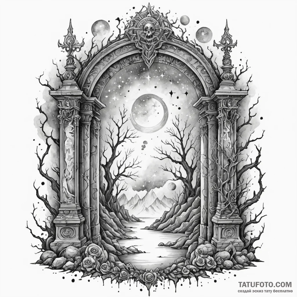 Ghostly relic beneath celestial gate, tattoo... - эскиз тату (№1750537213_0, 21.06.2025 20:20) — Tatufoto.com