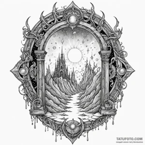 Ghostly relic beneath celestial gate, tattoo... - эскиз тату (№1750537213_1, 21.06.2025 20:20) — Tatufoto.com