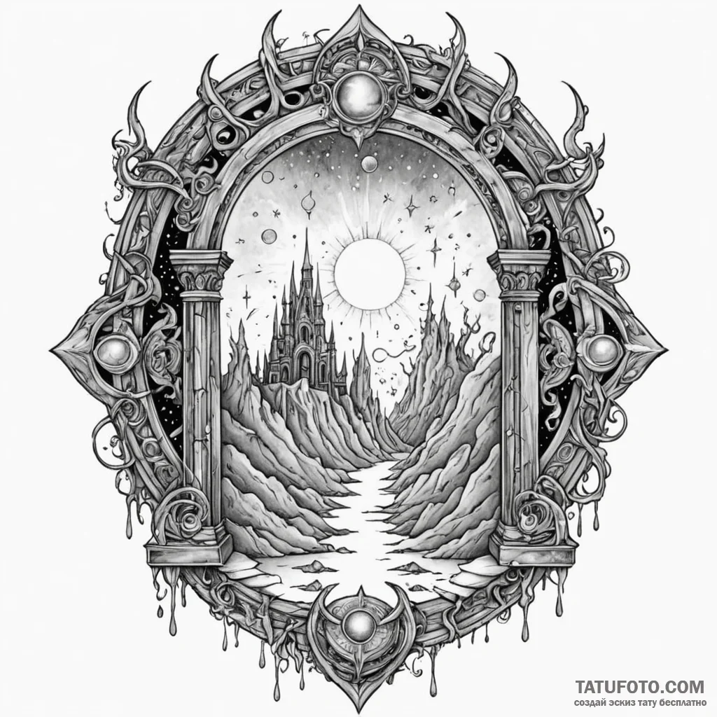 Ghostly relic beneath celestial gate, tattoo... - эскиз тату (№1750537213_1, 21.06.2025 20:20) — Tatufoto.com
