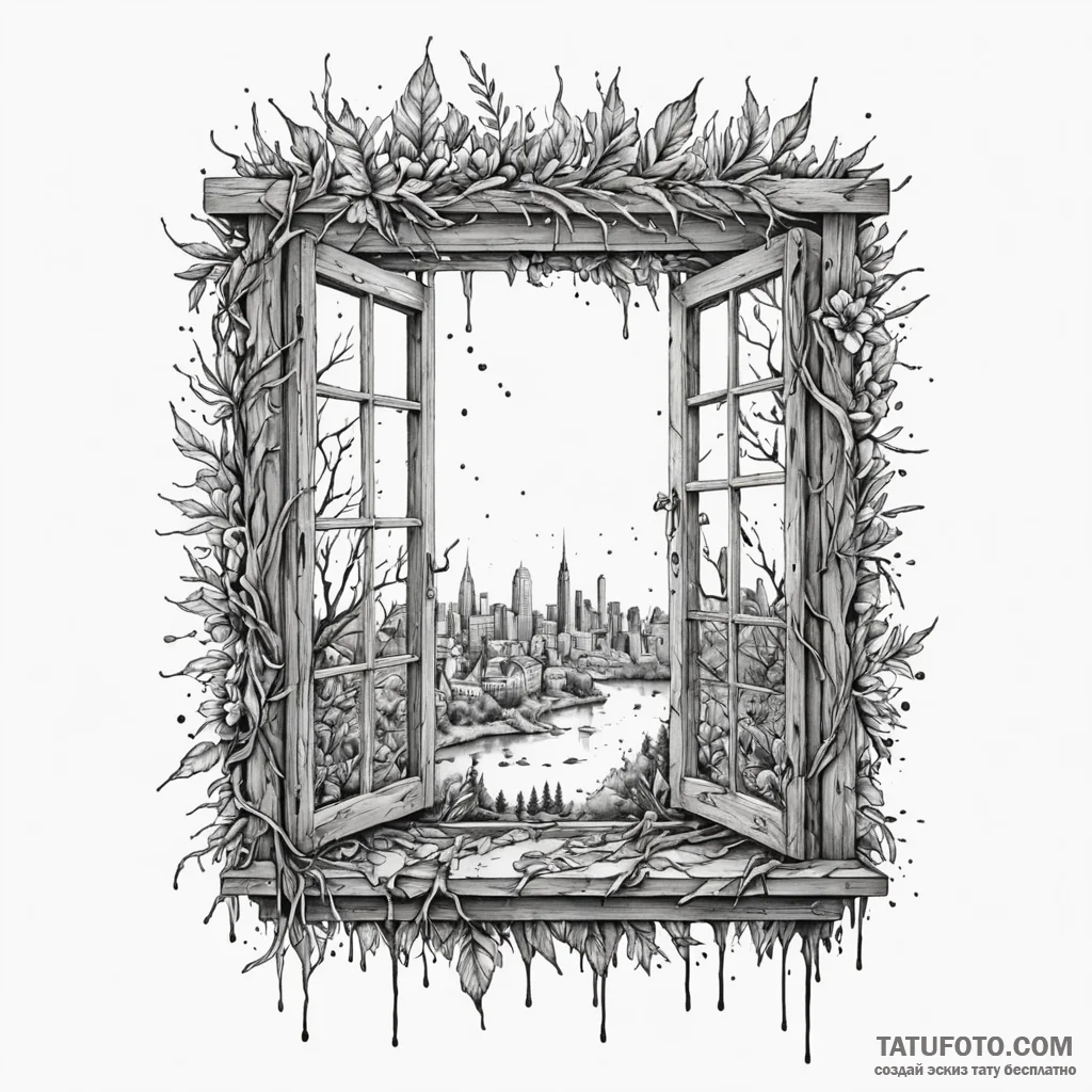 A detailed broken window with view, poignant,... - эскиз тату (№1750538826_0, 21.06.2025 20:47) — Tatufoto.com