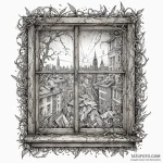 A detailed broken window with view, poignant,… — эскиз тату (№1750538826_1, 21.06.2025 20:47) — Tatufoto.com