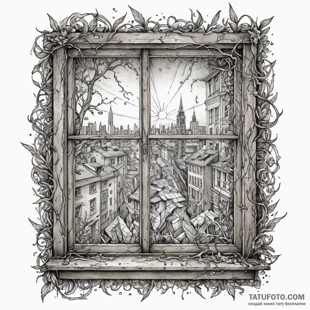 A detailed broken window with view, poignant,... - эскиз тату (№1750538826_1, 21.06.2025 20:47) — Tatufoto.com