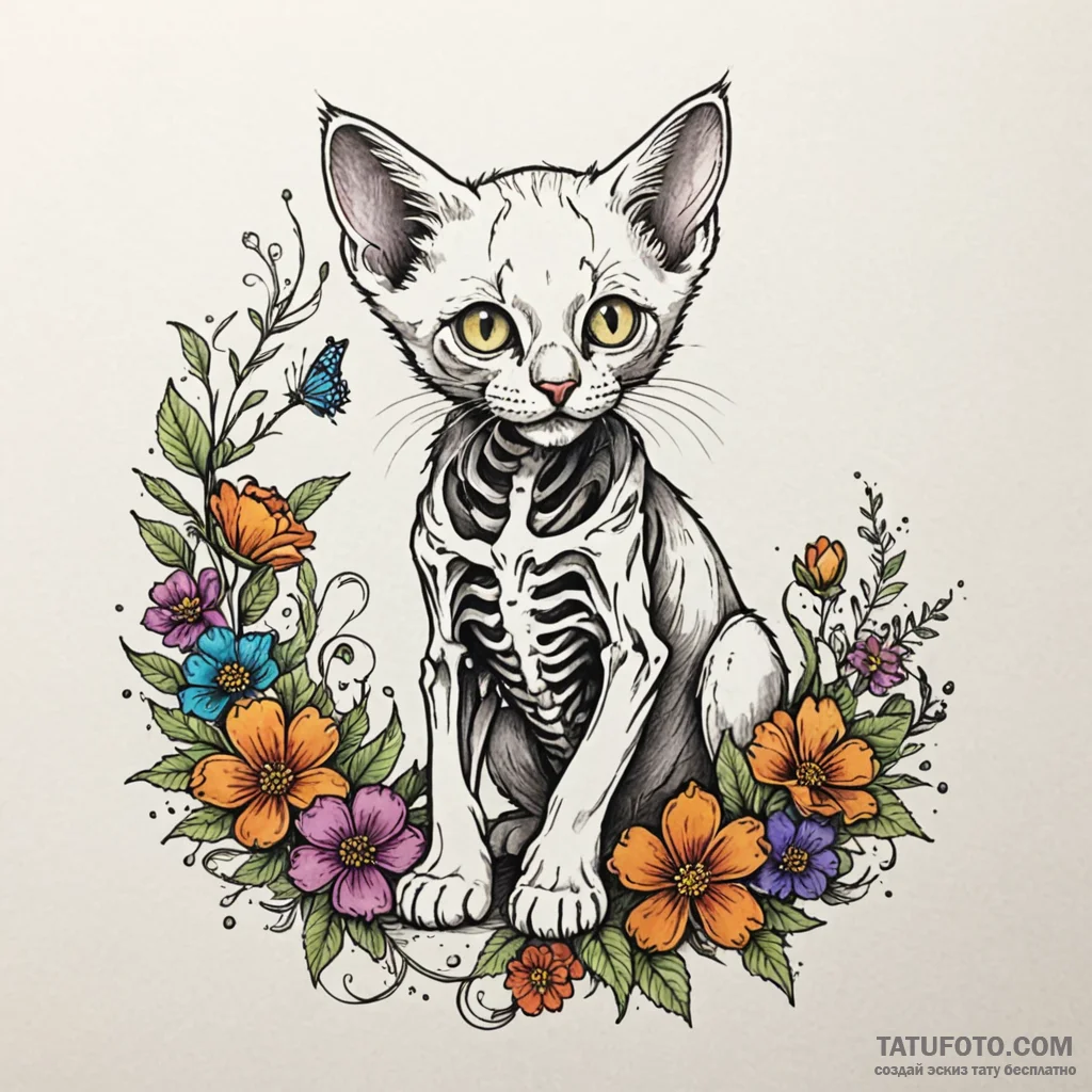 Kitten skeleton curled in bloom, concept art... - эскиз тату (№1750542340_1, 21.06.2025 21:45) — Tatufoto.com