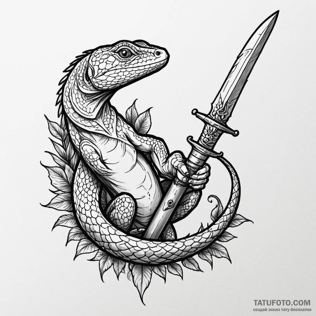 Lizard tail coiled around dagger, ink illustr... - эскиз тату (№1750542509_0, 21.06.2025 21:48) — Tatufoto.com