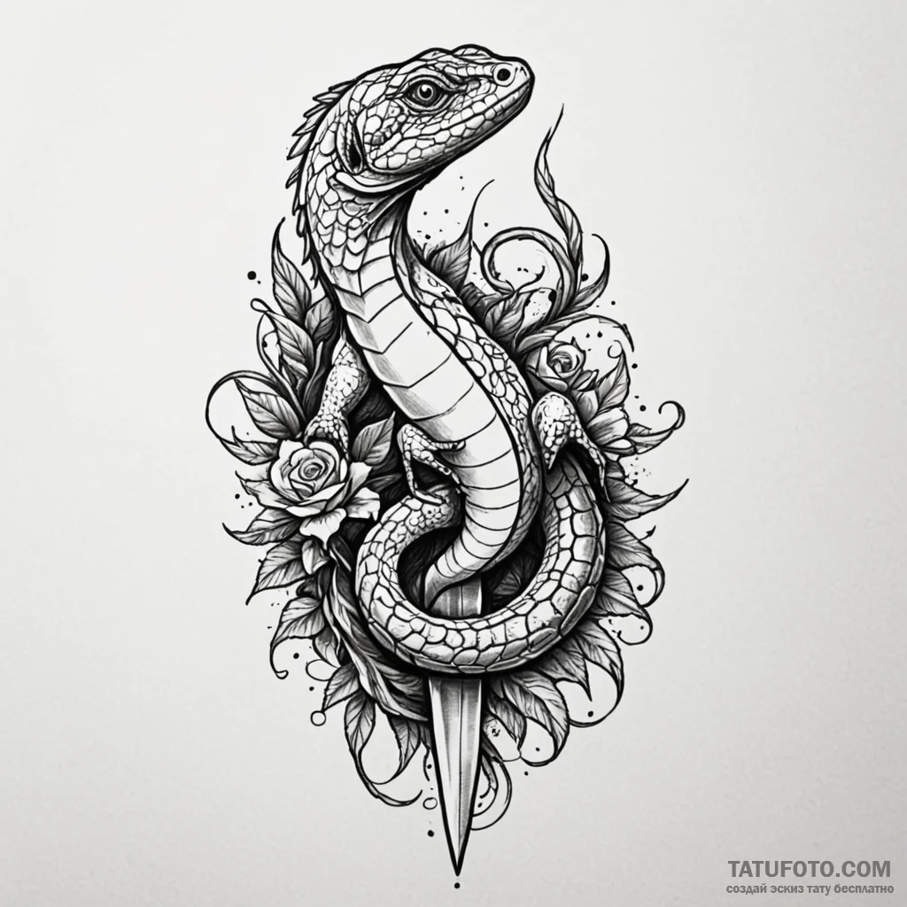 Lizard tail coiled around dagger, ink illustr... - эскиз тату (№1750542509_1, 21.06.2025 21:48) — Tatufoto.com