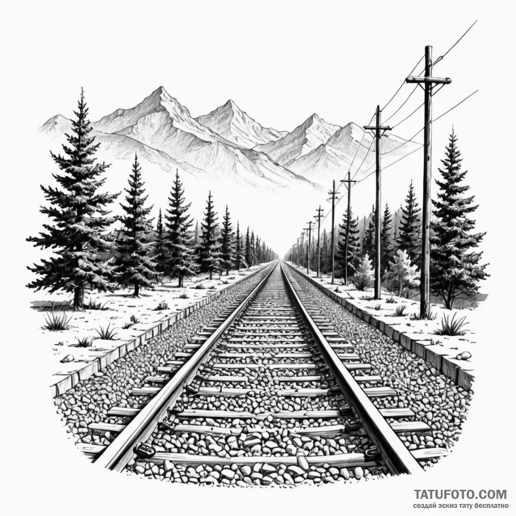 Railway track stretching to the horizon, ink... - эскиз тату (№1750543357_0, 21.06.2025 22:02) — Tatufoto.com