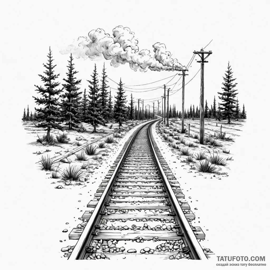 Railway track stretching to the horizon, ink... - эскиз тату (№1750543357_1, 21.06.2025 22:02) — Tatufoto.com
