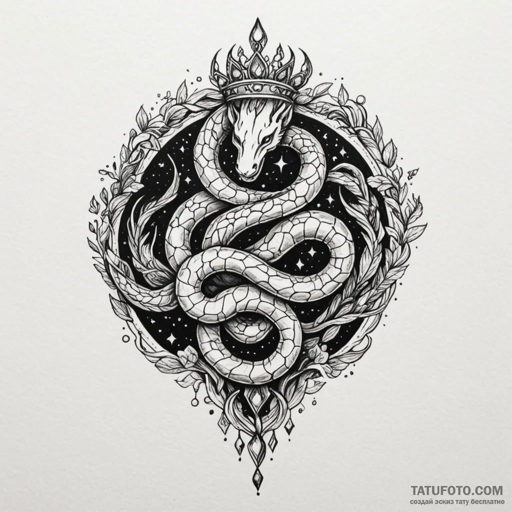 Jewel serpent crowned with stars, ink illustr... - эскиз тату (№1750546088_1, 21.06.2025 22:48) — Tatufoto.com