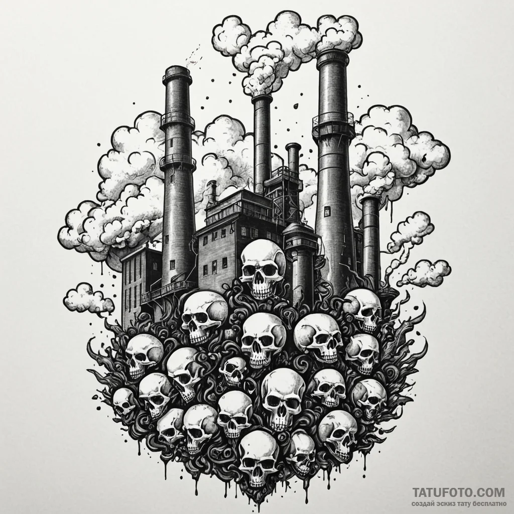 Factory smokestack emitting clouds shaped lik... - эскиз тату (№1750547031_0, 21.06.2025 23:03) — Tatufoto.com
