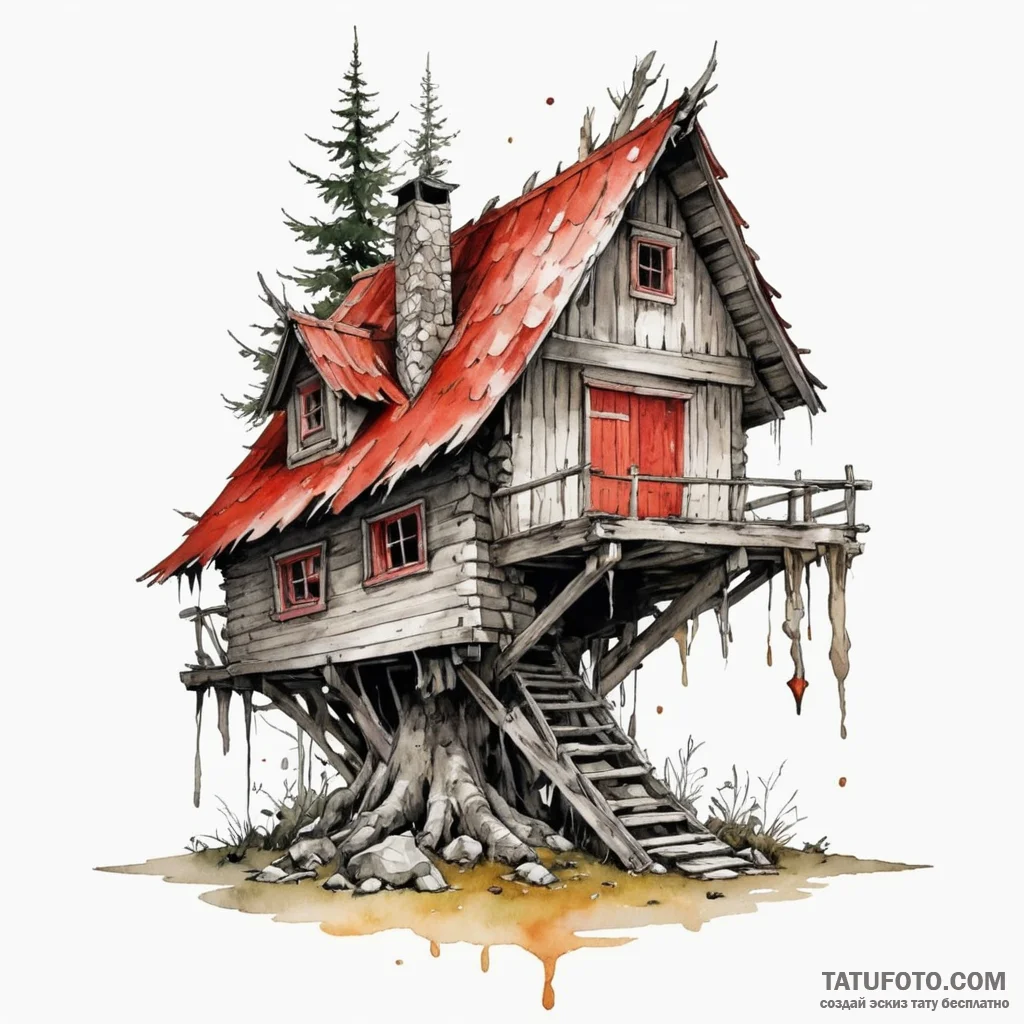 Baba yaga's hut on chicken legs, ink illustra... - эскиз тату (№1750547727_1, 21.06.2025 23:15) — Tatufoto.com