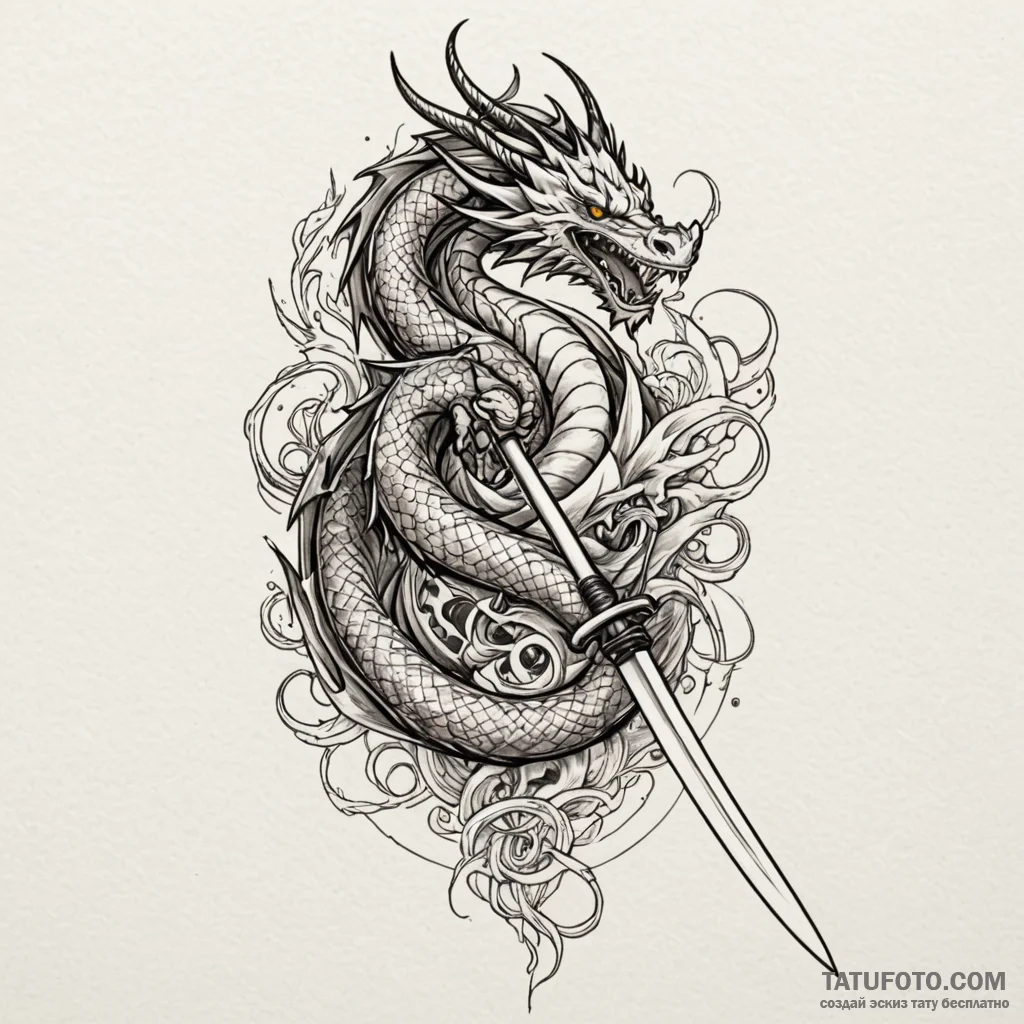 Katana blade unsheathed, with a dragon reflec... - эскиз тату (№1750547893_0, 21.06.2025 23:18) — Tatufoto.com