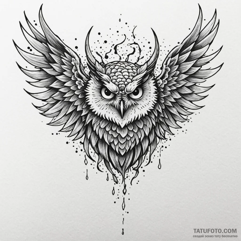 Owl wings beneath shattered veil, tattoo draw... - эскиз тату (№1750548667_0, 21.06.2025 23:31) — Tatufoto.com