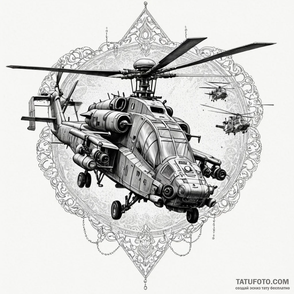 Helicopter gunship (e.g., apache) unleashing... - эскиз тату (№1750548842_0, 21.06.2025 23:34) — Tatufoto.com
