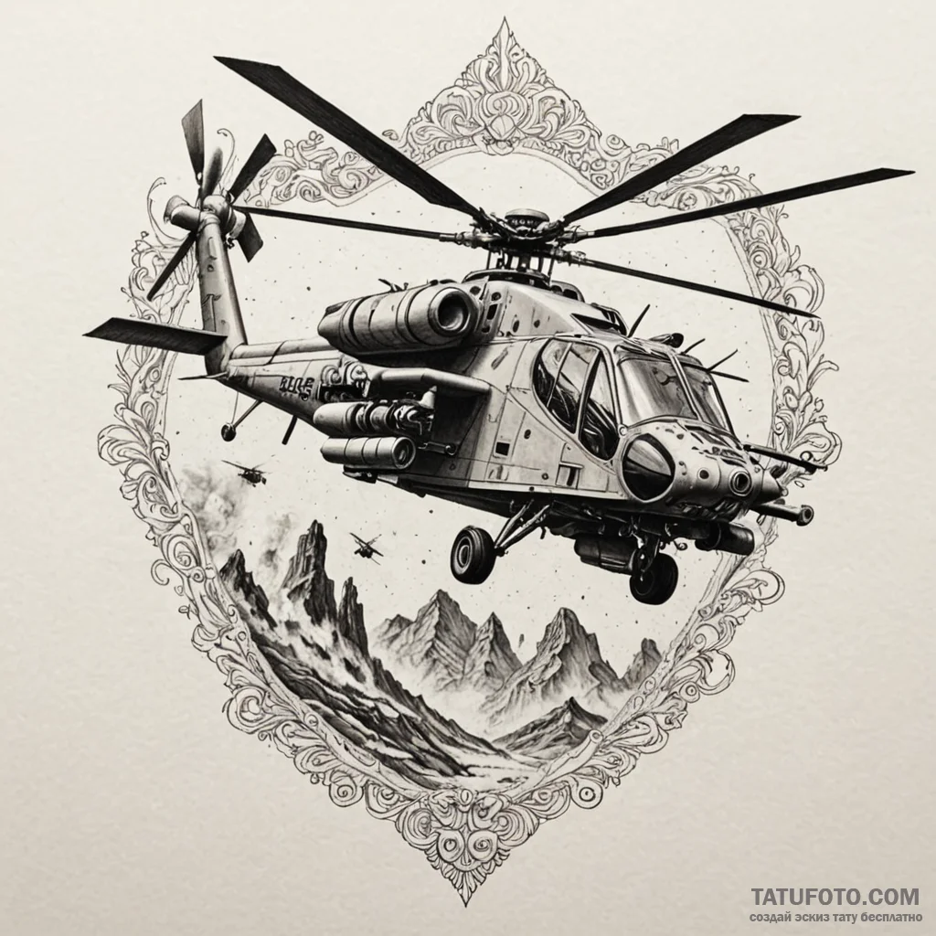 Helicopter gunship (e.g., apache) unleashing... - эскиз тату (№1750548842_1, 21.06.2025 23:34) — Tatufoto.com