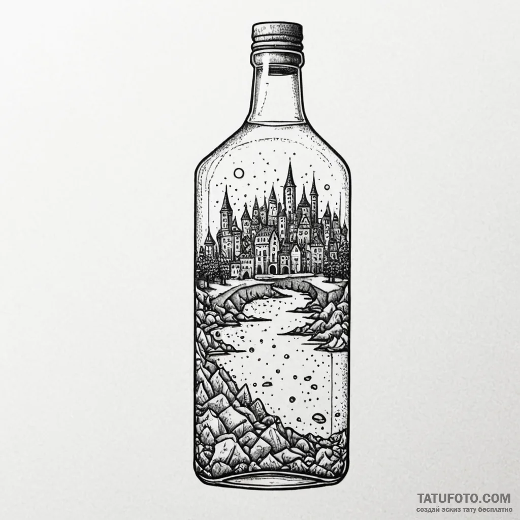 Liquor bottle with a submerged, abandoned cit... - эскиз тату (№1750550613_1, 22.06.2025 00:03) — Tatufoto.com
