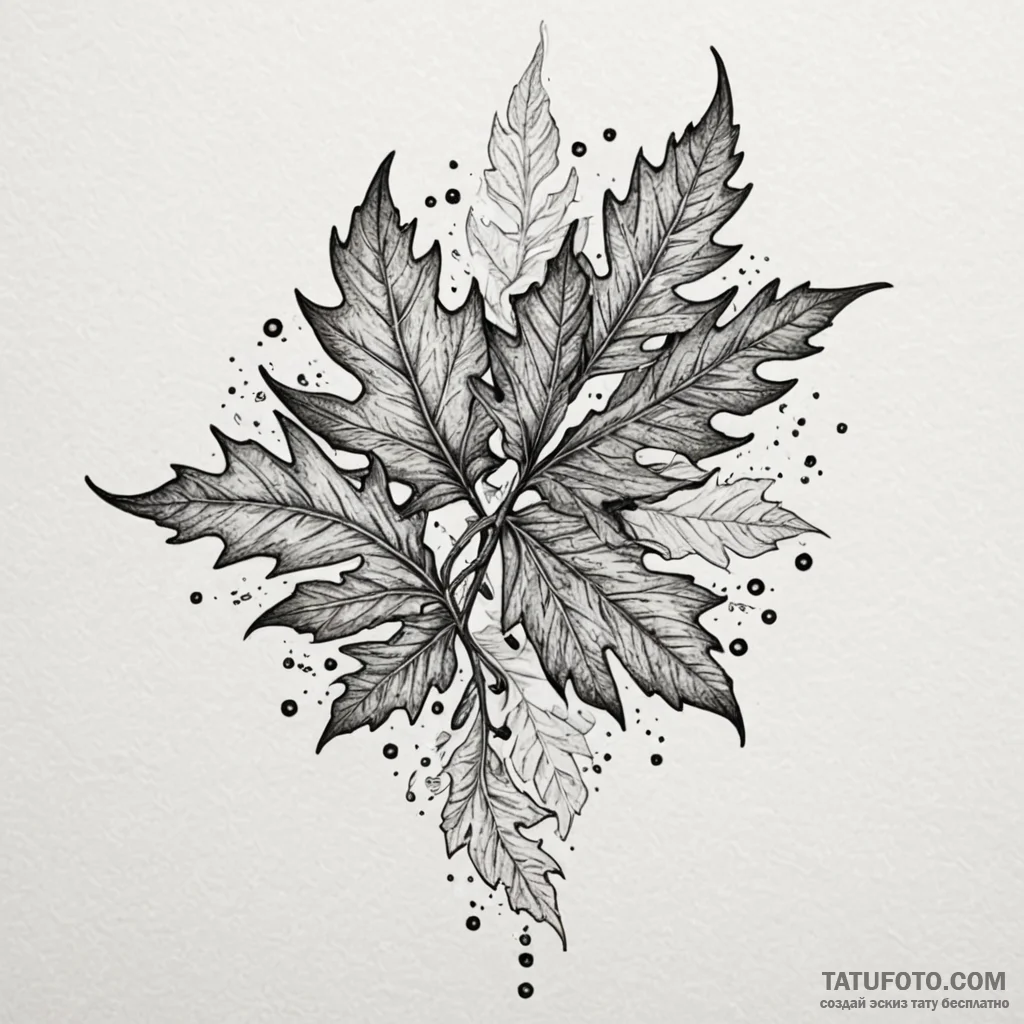 Oak leaves falling through mist, tattoo sketc... - эскиз тату (№1750550698_0, 22.06.2025 00:04) — Tatufoto.com