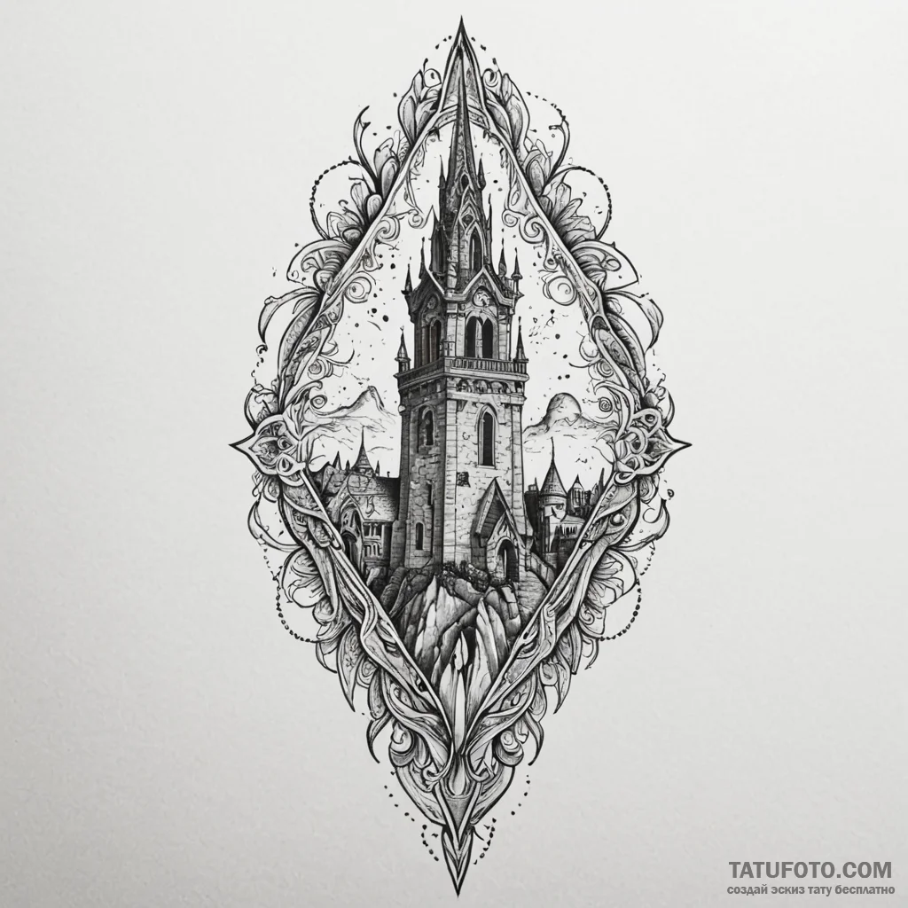 Knife beneath fractured spire, tattoo drawing... - эскиз тату (№1750551296_1, 22.06.2025 00:14) — Tatufoto.com