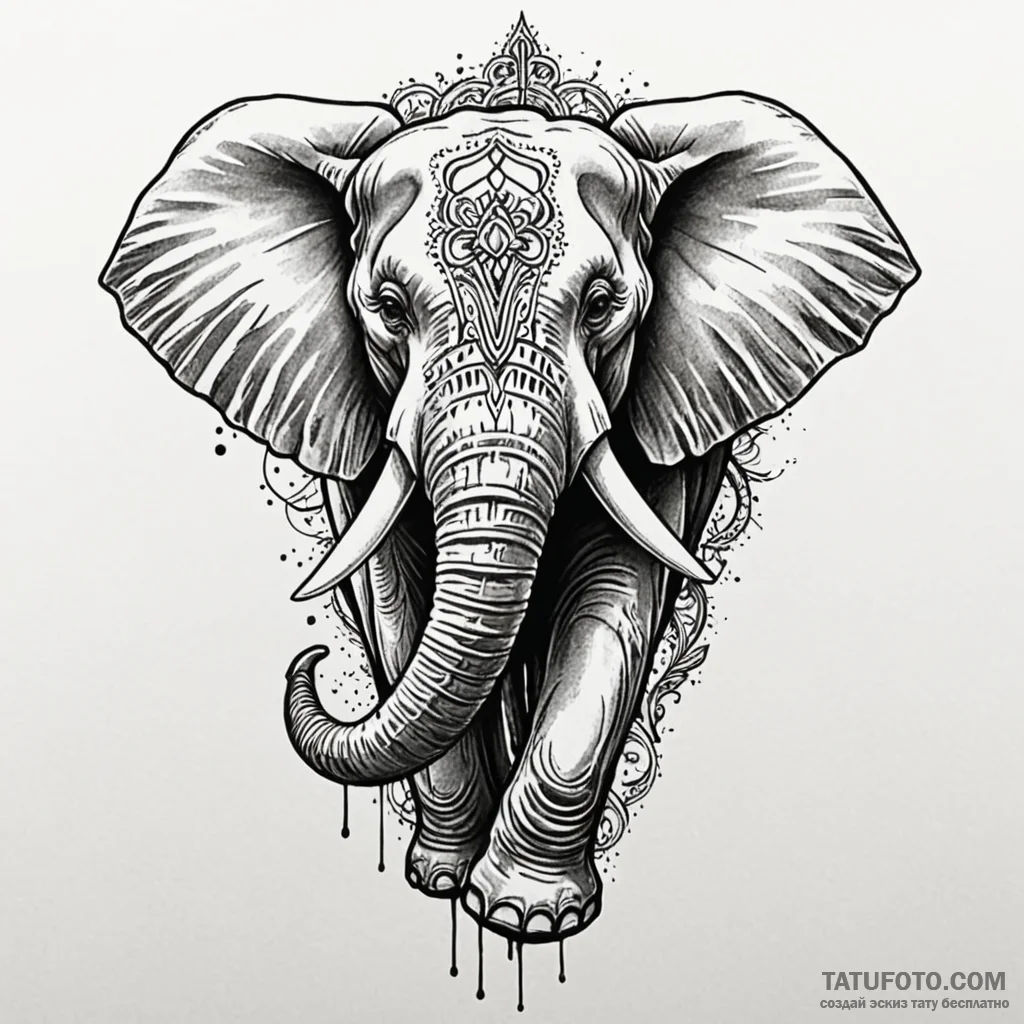 Elephant with tusks of petrified wood, tattoo... - эскиз тату (№1750551382_1, 22.06.2025 00:16) — Tatufoto.com