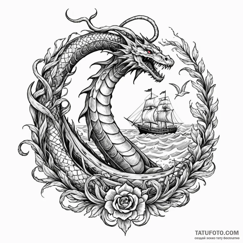 Sea serpent weaving through shipwreck, tattoo... - эскиз тату (№1750552238_0, 22.06.2025 00:30) — Tatufoto.com