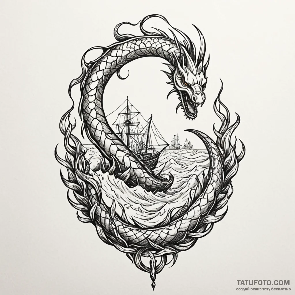 Sea serpent weaving through shipwreck, tattoo... - эскиз тату (№1750552238_1, 22.06.2025 00:30) — Tatufoto.com