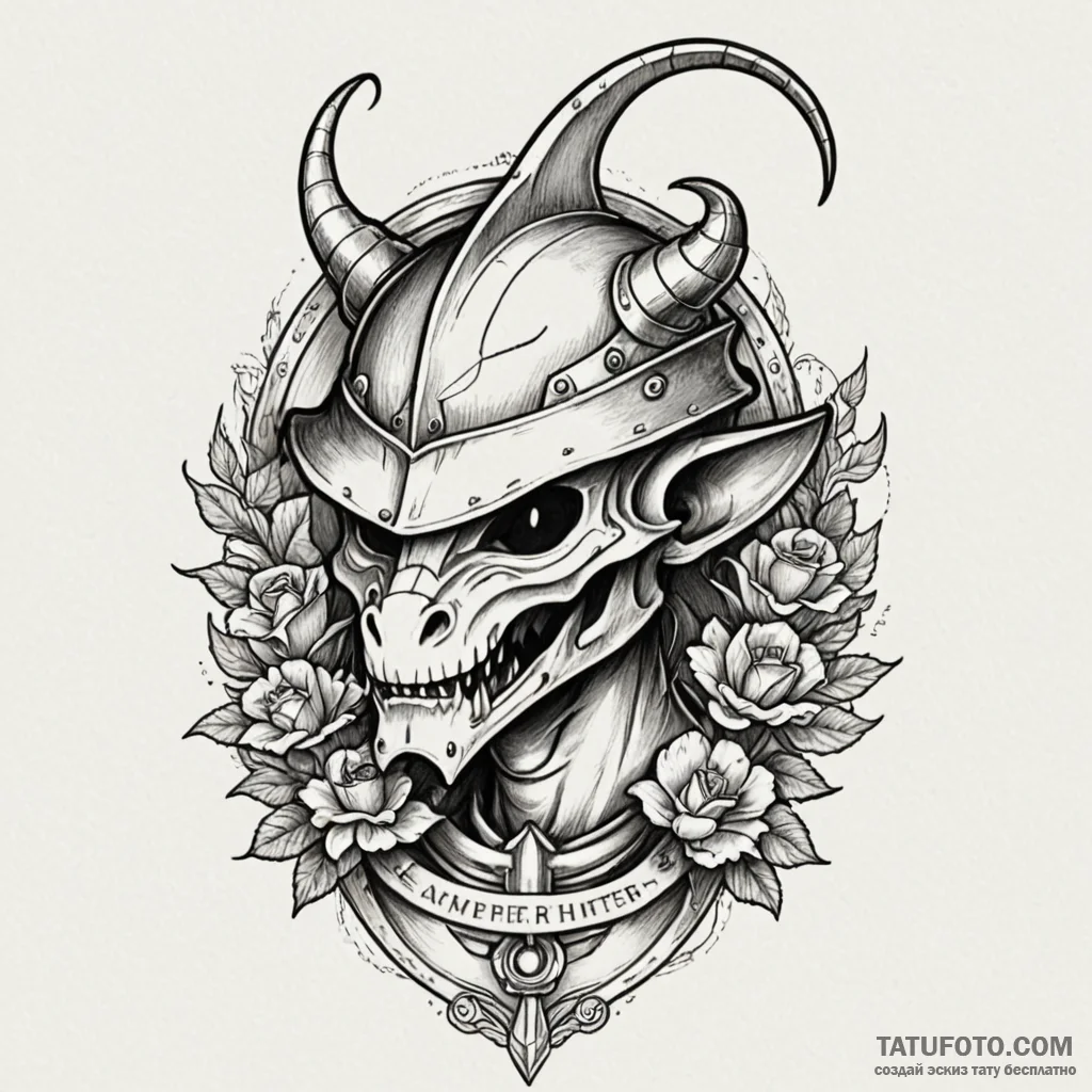Kobold helmet resting on altar, artistic tatt... - эскиз тату (№1750553333_1, 22.06.2025 00:48) — Tatufoto.com