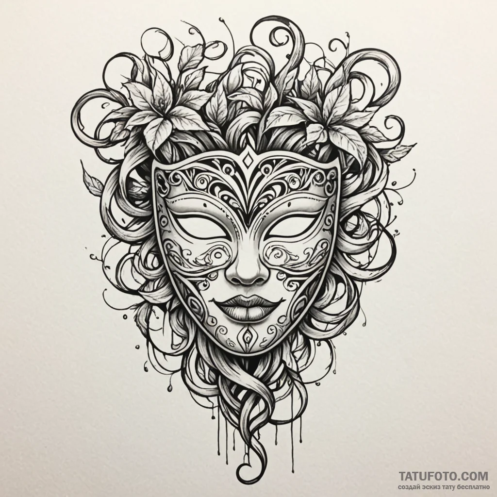 Mask entangled in vines, tattoo drawing outli... - эскиз тату (№1750554021_0, 22.06.2025 01:00) — Tatufoto.com