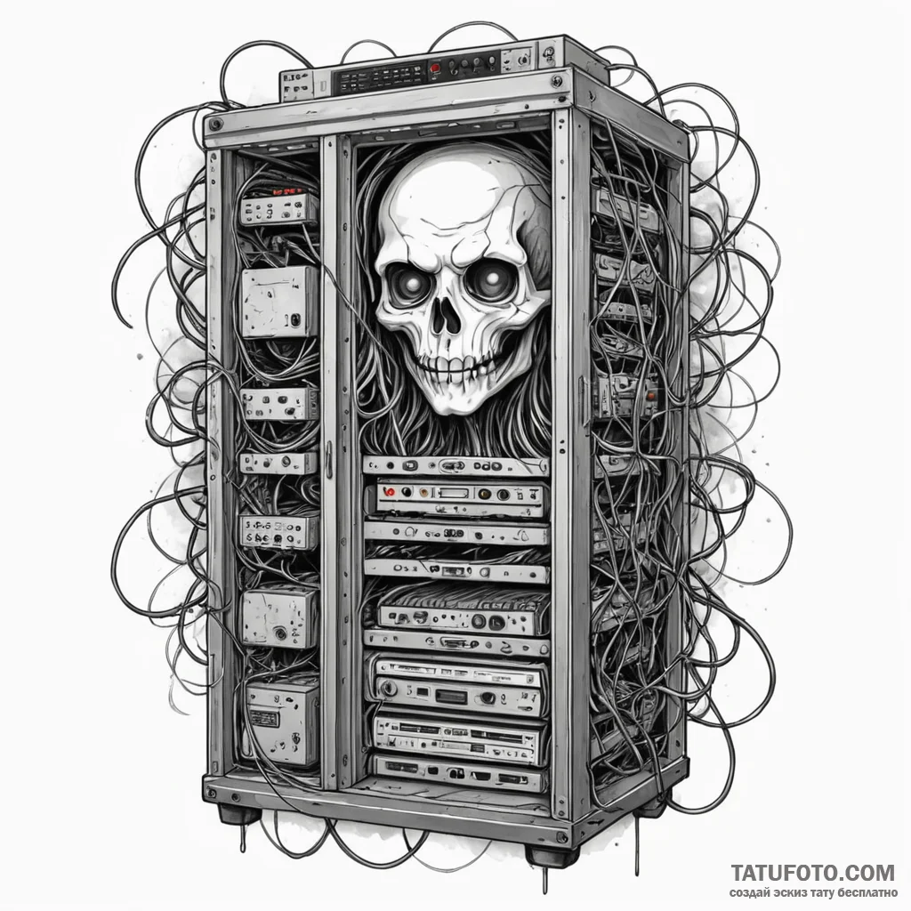 Network server rack, with a ghostly face visi... - эскиз тату (№1750554965_0, 22.06.2025 01:16) — Tatufoto.com