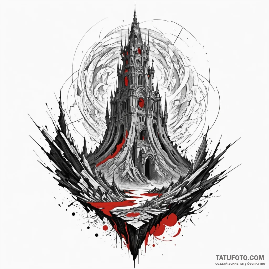 Vortex beneath shattered spire, concept art f... - эскиз тату (№1750555936_0, 22.06.2025 01:32) — Tatufoto.com