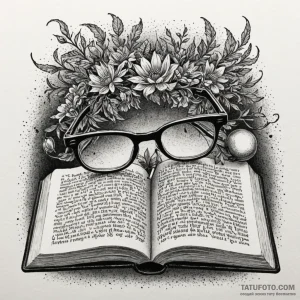 Spectacles, resting on an open book, concept... - эскиз тату (№1750558413_0, 22.06.2025 02:13) — Tatufoto.com
