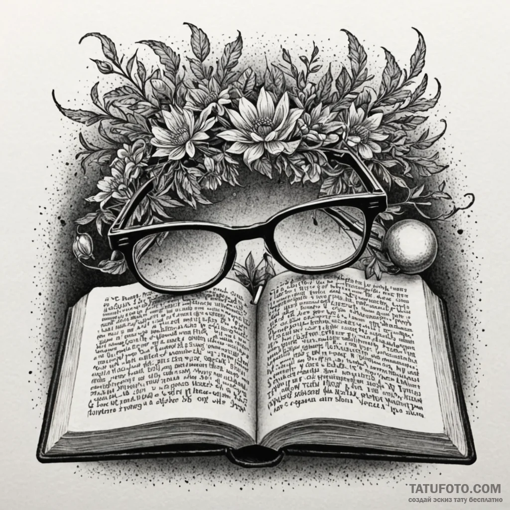 Spectacles, resting on an open book, concept... - эскиз тату (№1750558413_0, 22.06.2025 02:13) — Tatufoto.com