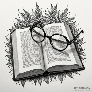 Spectacles, resting on an open book, concept... - эскиз тату (№1750558413_1, 22.06.2025 02:13) — Tatufoto.com