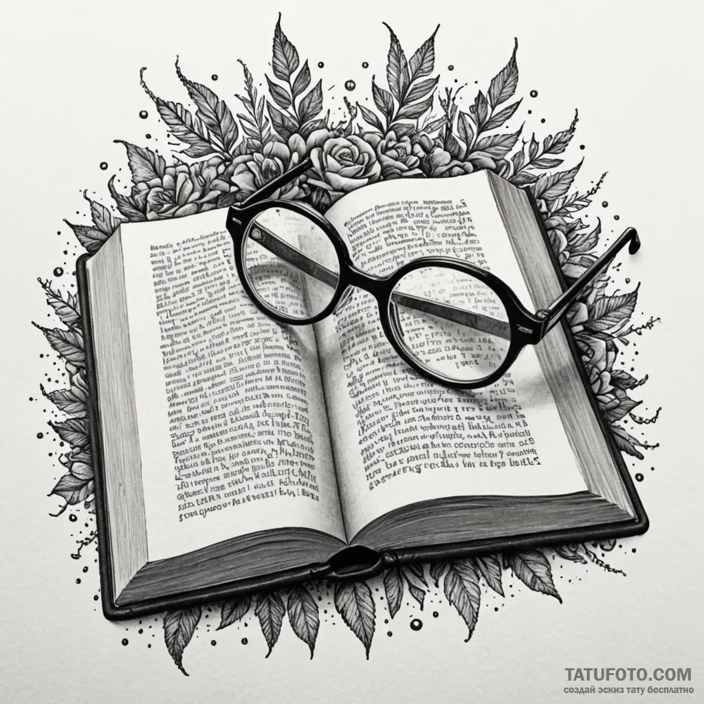 Spectacles, resting on an open book, concept... - эскиз тату (№1750558413_1, 22.06.2025 02:13) — Tatufoto.com