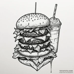 A quirky burger with fries and a milkshake, m... - эскиз тату (№1750559498_0, 22.06.2025 02:31) — Tatufoto.com
