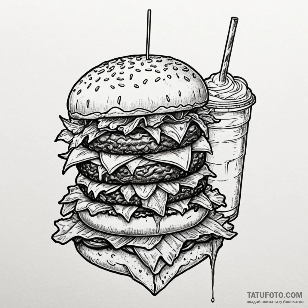 A quirky burger with fries and a milkshake, m... - эскиз тату (№1750559498_0, 22.06.2025 02:31) — Tatufoto.com