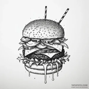 A quirky burger with fries and a milkshake, m... - эскиз тату (№1750559498_1, 22.06.2025 02:31) — Tatufoto.com