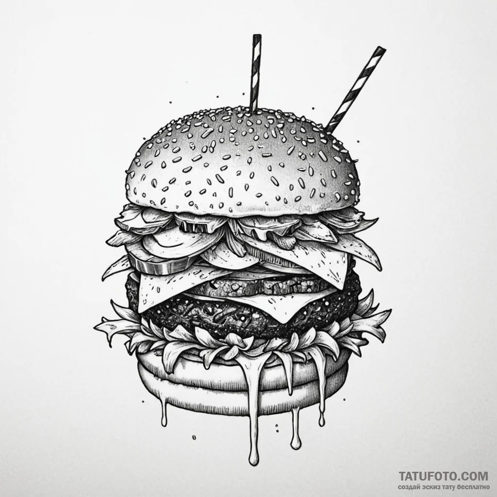 A quirky burger with fries and a milkshake, m... - эскиз тату (№1750559498_1, 22.06.2025 02:31) — Tatufoto.com