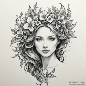 Feathered bloom crowned in ivy, artistic tatt... - эскиз тату (№1750559583_0, 22.06.2025 02:33) — Tatufoto.com