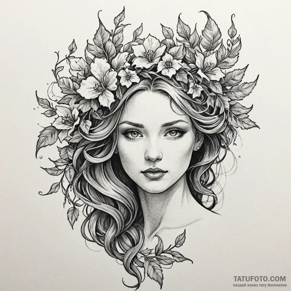 Feathered bloom crowned in ivy, artistic tatt... - эскиз тату (№1750559583_0, 22.06.2025 02:33) — Tatufoto.com