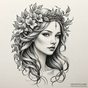 Feathered bloom crowned in ivy, artistic tatt... - эскиз тату (№1750559583_1, 22.06.2025 02:33) — Tatufoto.com