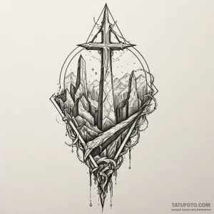Shard blade beneath spectral arch, tattoo lin... - эскиз тату (№1750559668_1, 22.06.2025 02:34) — Tatufoto.com