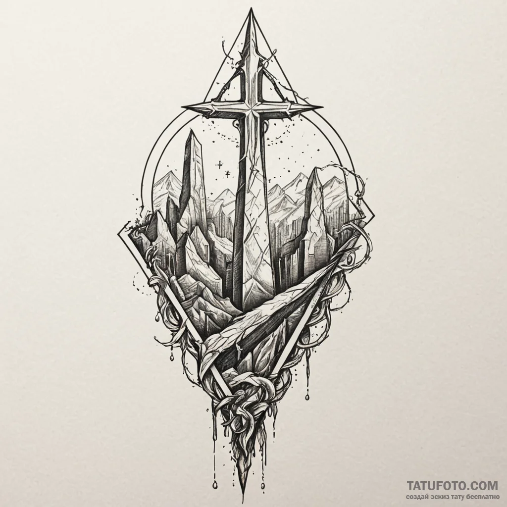 Shard blade beneath spectral arch, tattoo lin... - эскиз тату (№1750559668_1, 22.06.2025 02:34) — Tatufoto.com