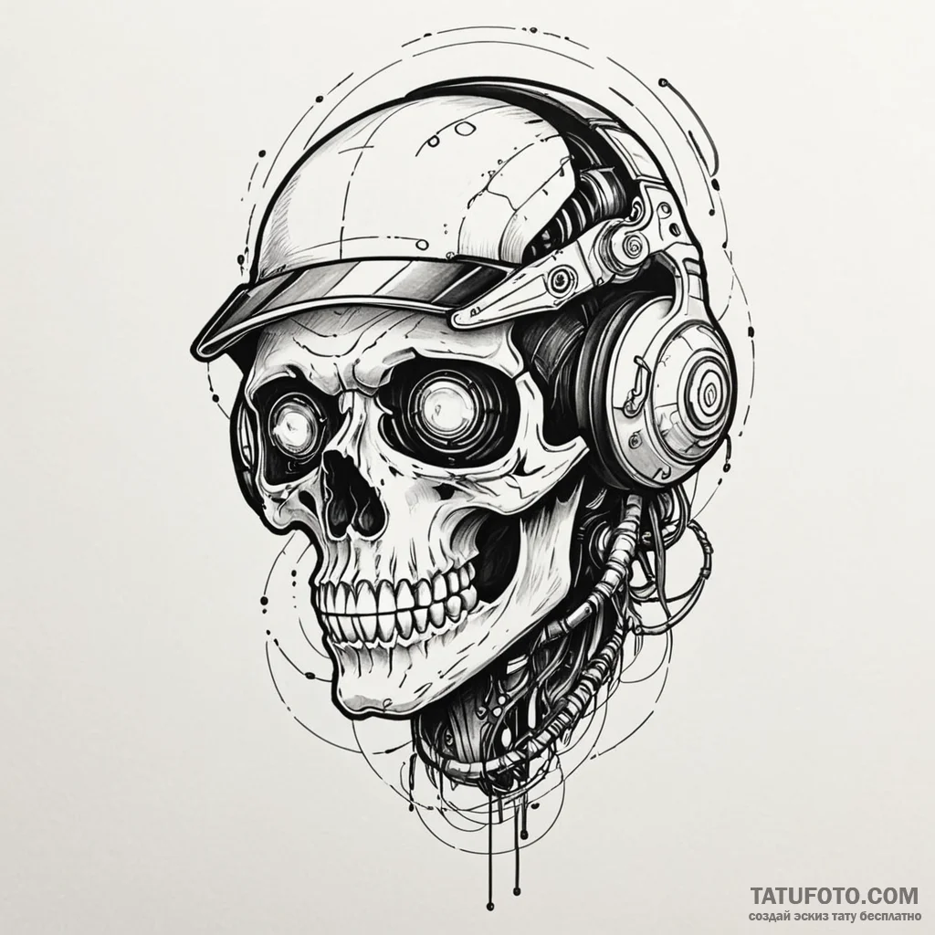 A skull with a glowing cyberpunk visor, tatto... - эскиз тату (№1750559754_0, 22.06.2025 02:35) — Tatufoto.com