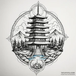 Pagoda temple on a floating island, tattoo sk... - эскиз тату (№1750560514_0, 22.06.2025 02:48) — Tatufoto.com