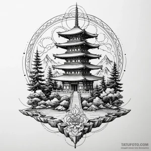 Pagoda temple on a floating island, tattoo sk... - эскиз тату (№1750560514_1, 22.06.2025 02:48) — Tatufoto.com