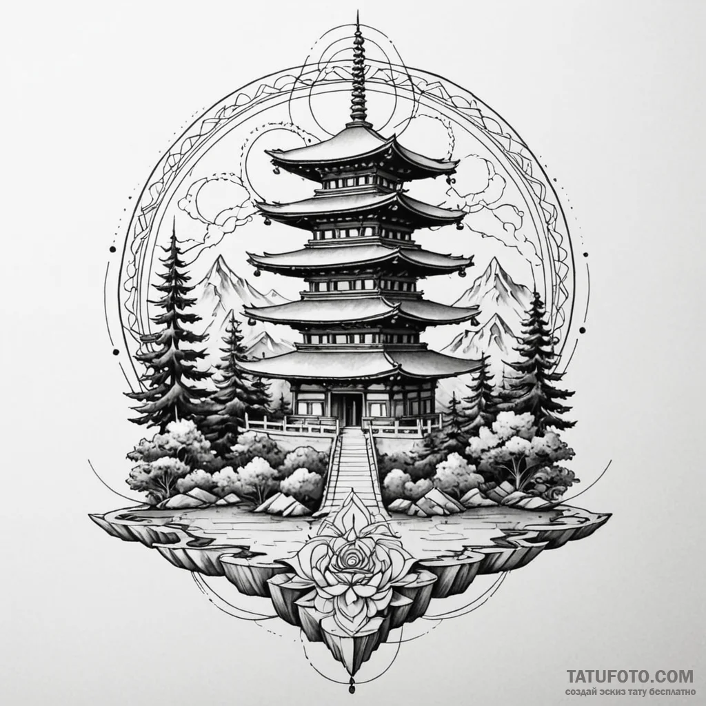 Pagoda temple on a floating island, tattoo sk... - эскиз тату (№1750560514_1, 22.06.2025 02:48) — Tatufoto.com