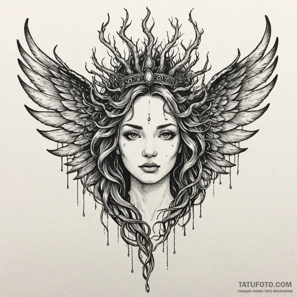 Oracle wings crowned in roots, ink illustrati... - эскиз тату (№1750565286_1, 22.06.2025 04:08) — Tatufoto.com